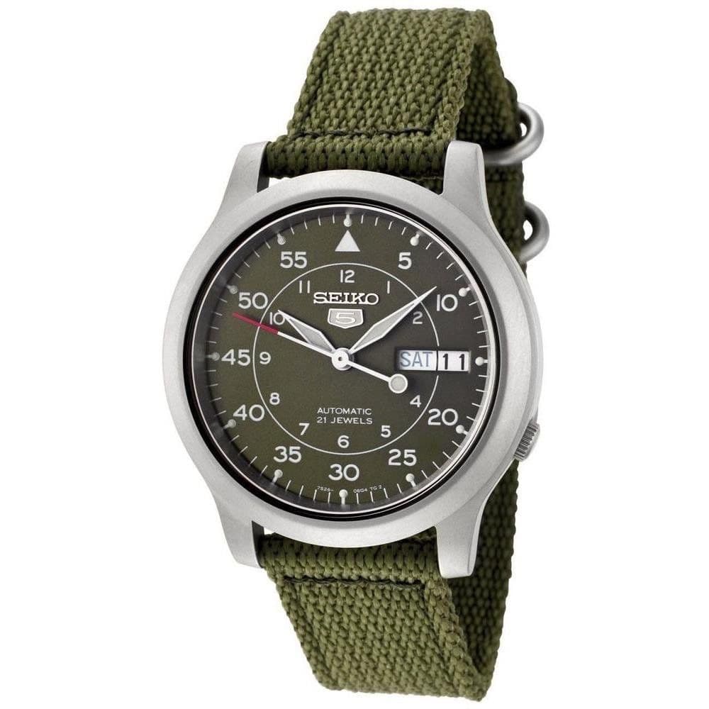 Seiko SNK805 — автоматические полевые часы, зелёный ремешок