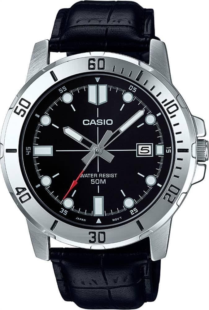 Casio MTP-VD01L-1EV — мужские часы, ремешок и чёрный циферблат