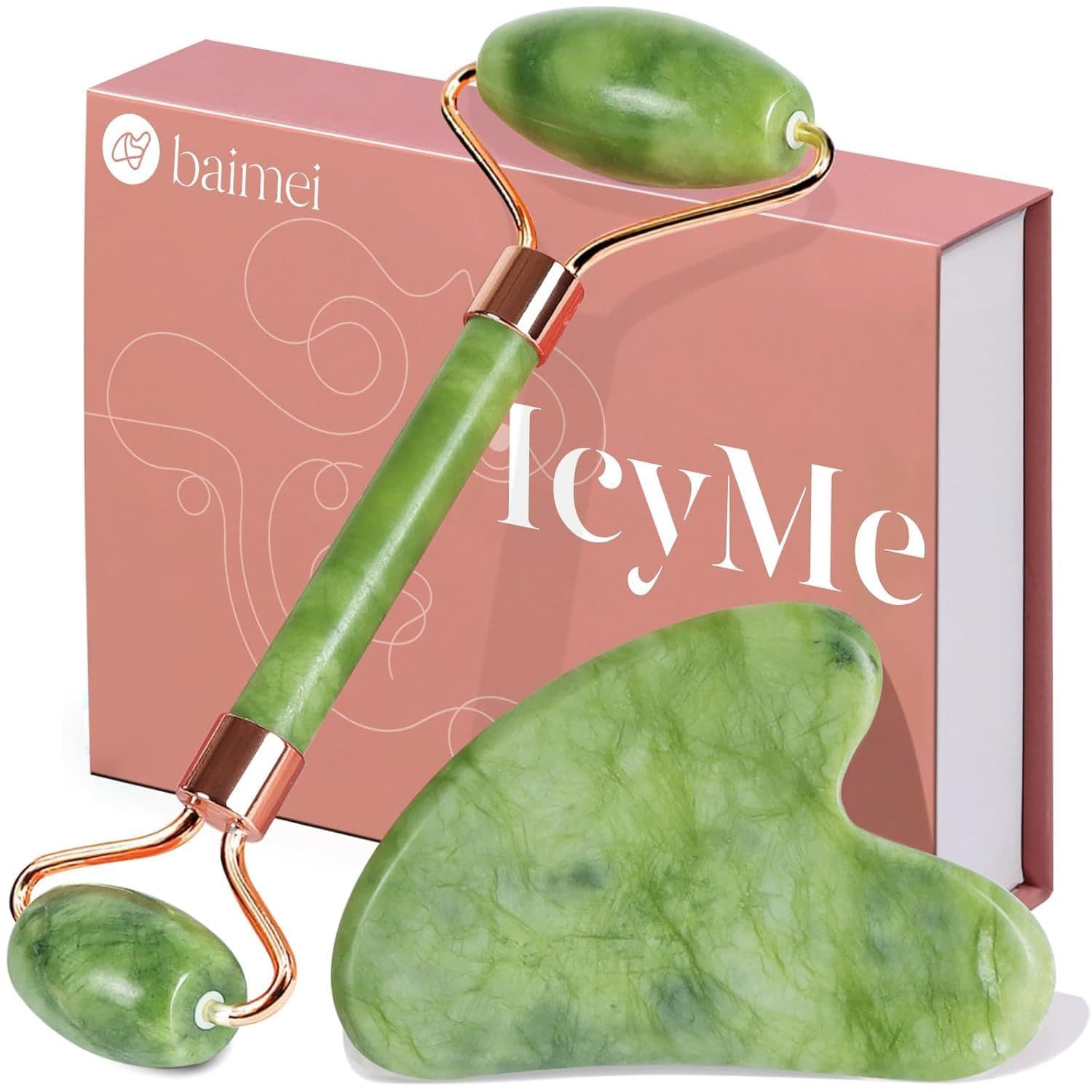 BAIMEI Jade Roller Set — валик и гуаша для домашнего ухода за лицом