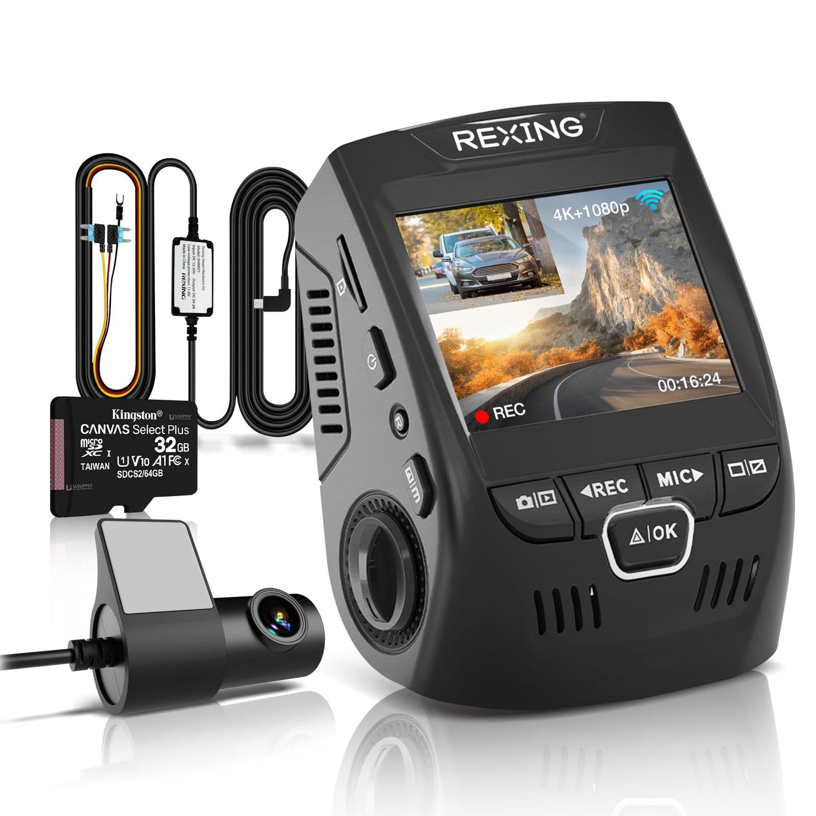 RexingUSA V1P — old va orqa kamerali 4K+1080P videoregistrator
